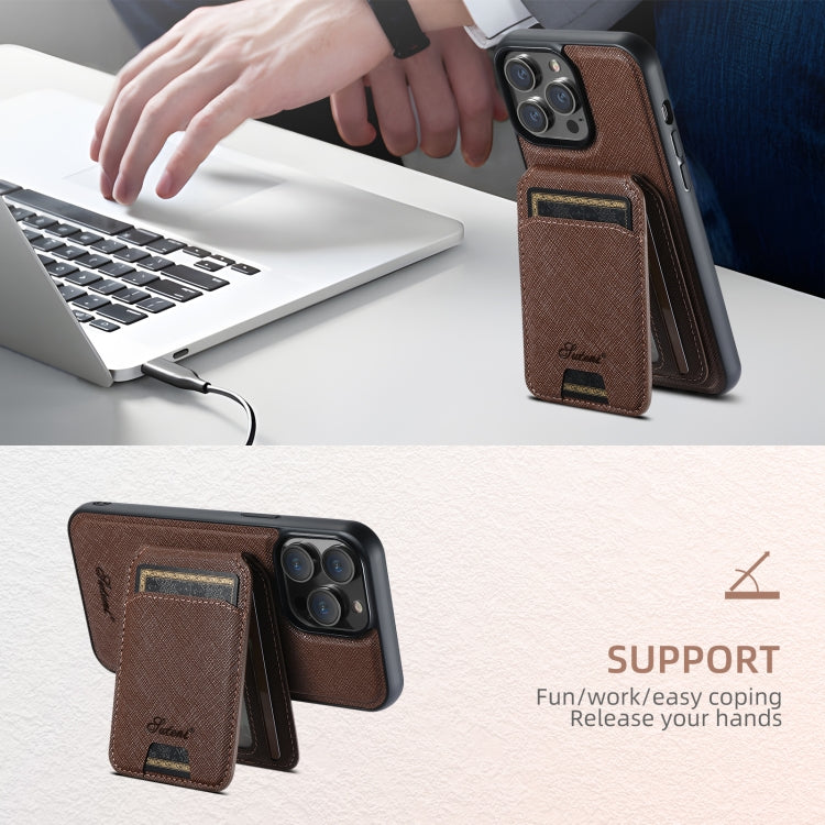 For iPhone 15 Plus Suteni H18 Cross Grain MagSafe Wallet Leather Phone Case