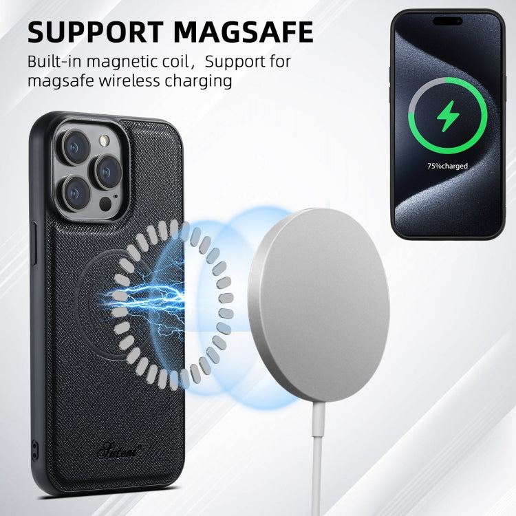 For iPhone 15 Suteni H18 Cross Grain MagSafe Wallet Leather Phone Case