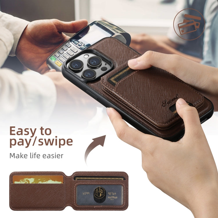 For iPhone 14 Suteni H18 Cross Grain MagSafe Wallet Leather Phone Case