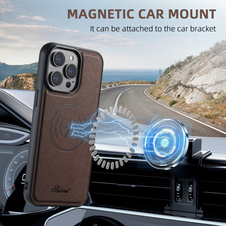 For iPhone 13 Suteni H18 Cross Grain MagSafe Wallet Leather Phone Case