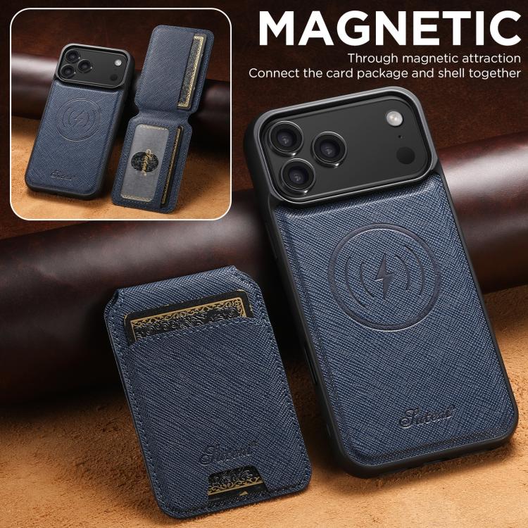 For iPhone 17 Pro Max Suteni H18 Cross Grain MagSafe Wallet Leather Phone Case