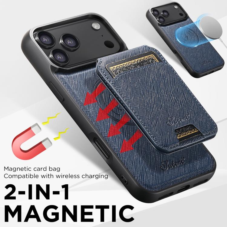 For iPhone 17 Pro Max Suteni H18 Cross Grain MagSafe Wallet Leather Phone Case