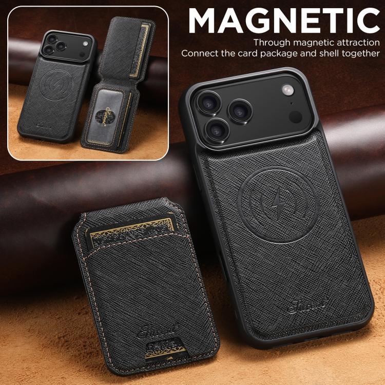 For iPhone 17 Pro Suteni H18 Cross Grain MagSafe Wallet Leather Phone Case