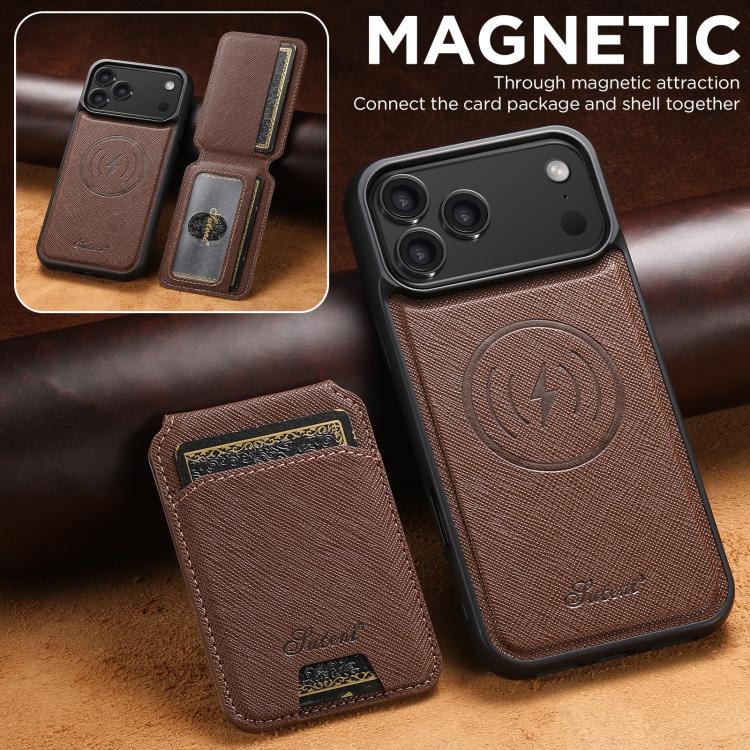 For iPhone 17 Pro Suteni H18 Cross Grain MagSafe Wallet Leather Phone Case