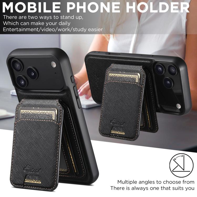 For iPhone 17 Suteni H18 Cross Grain MagSafe Wallet Leather Phone Case