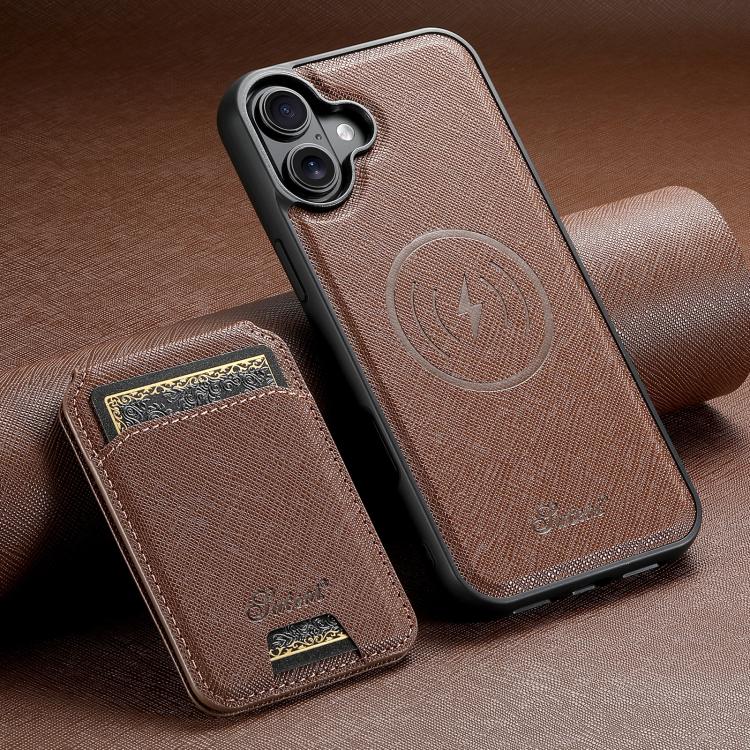 For iPhone 17 Suteni H18 Cross Grain MagSafe Wallet Leather Phone Case