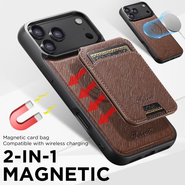 For iPhone 17 Suteni H18 Cross Grain MagSafe Wallet Leather Phone Case