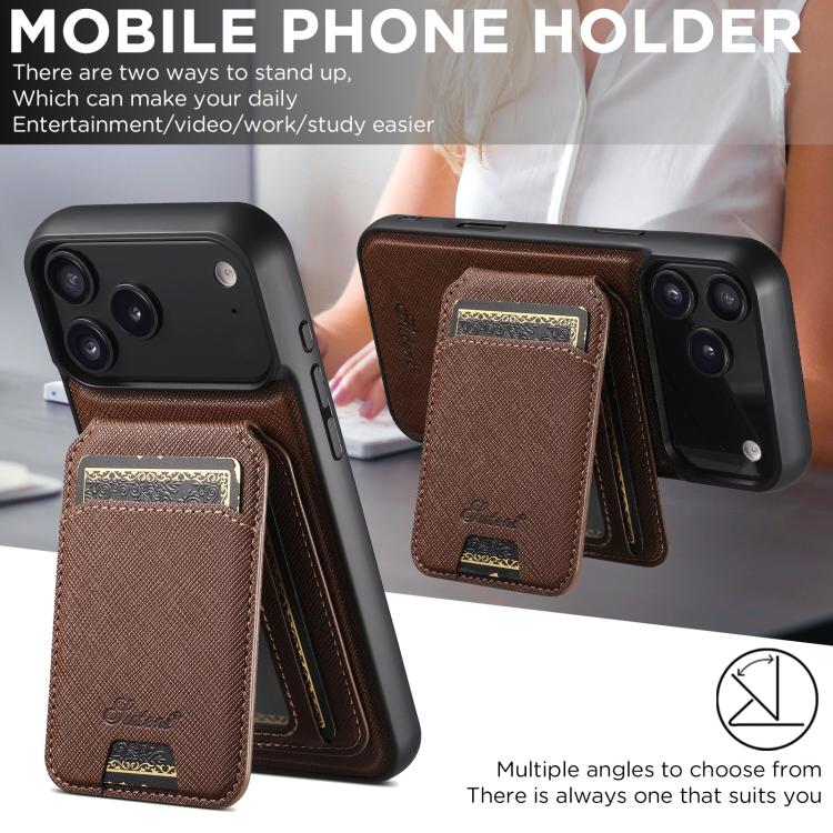 For iPhone 17 Suteni H18 Cross Grain MagSafe Wallet Leather Phone Case