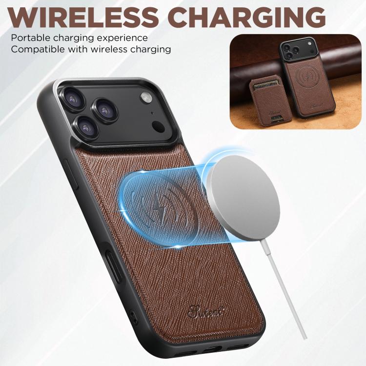 For iPhone 17 Suteni H18 Cross Grain MagSafe Wallet Leather Phone Case