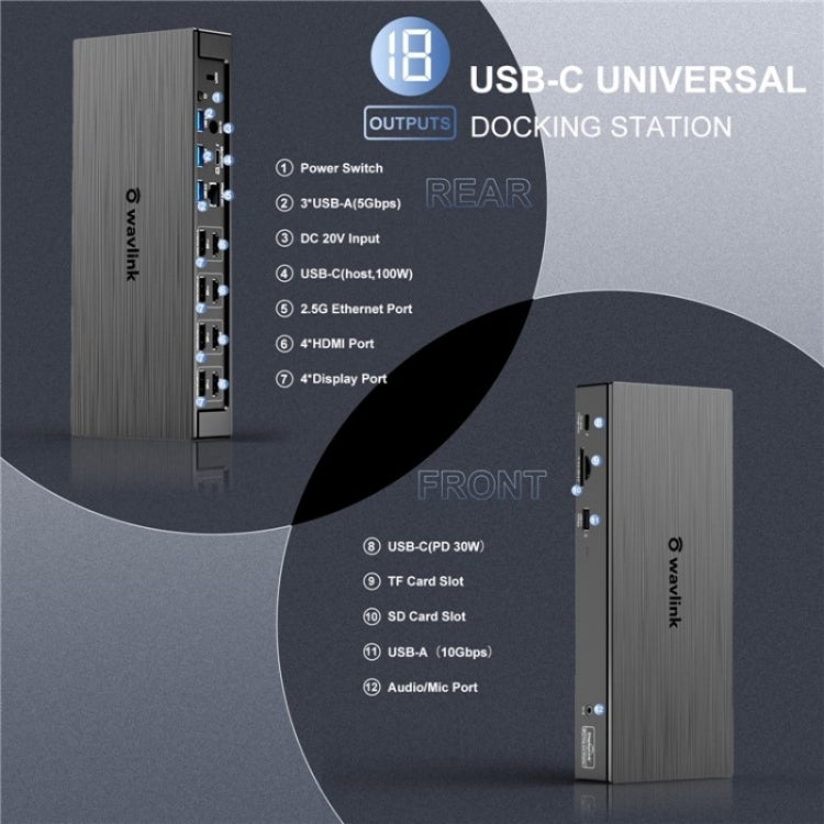 WAVLINK UG69PD8 Pro 18-in-1 DP / HD 5K Quadruple Display USB C Universal Docking Station, Plug:UK Plug
