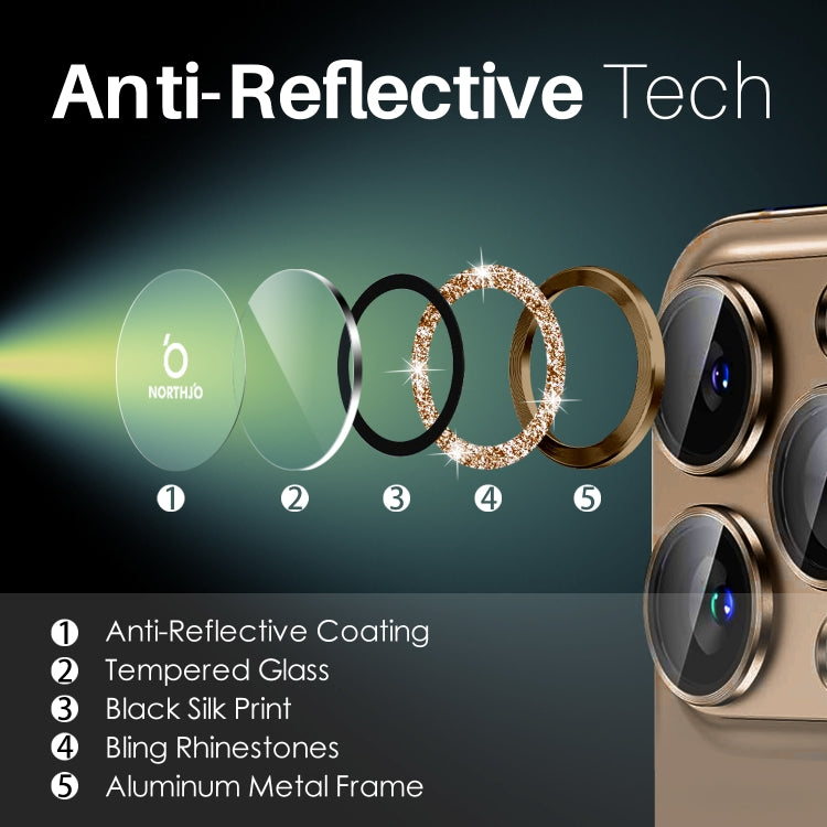 For iPhone 16 Pro / 16 Pro Max NORTHJO Glitter Camera Lens Protector Tempered Glass Metal Ring Film