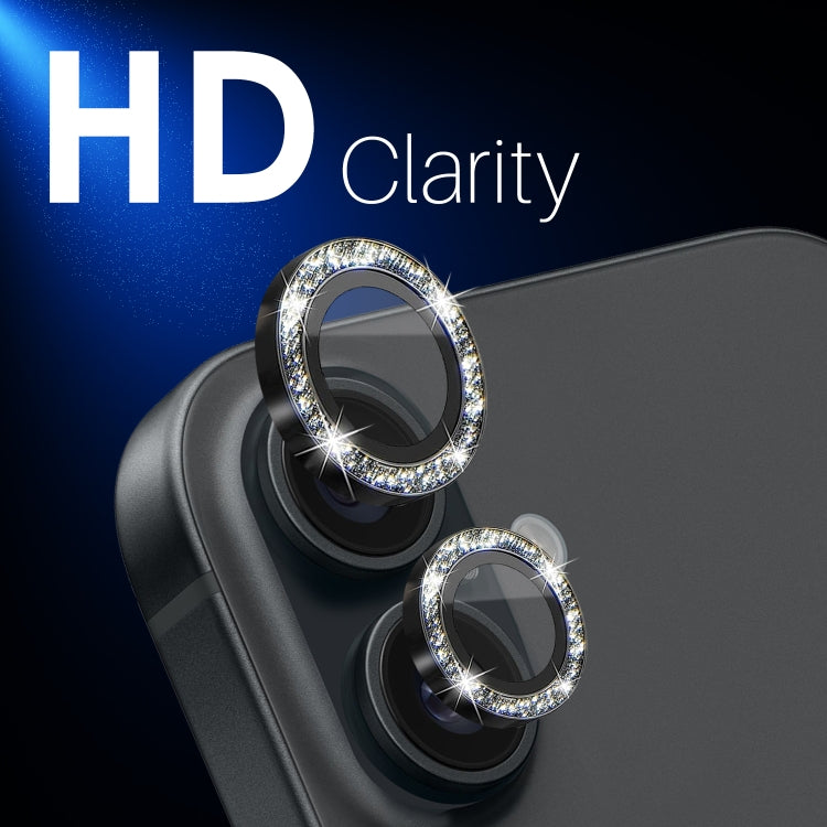 For iPhone 16 / 16 Plus NORTHJO Glitter Camera Lens Protector Tempered Glass Metal Ring Film
