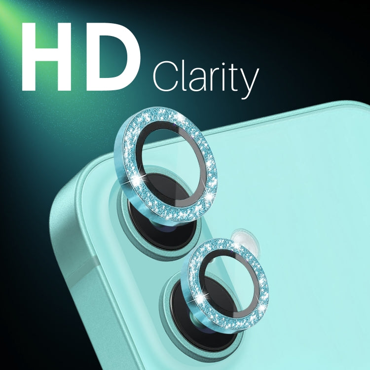 For iPhone 16 / 16 Plus NORTHJO Glitter Camera Lens Protector Tempered Glass Metal Ring Film