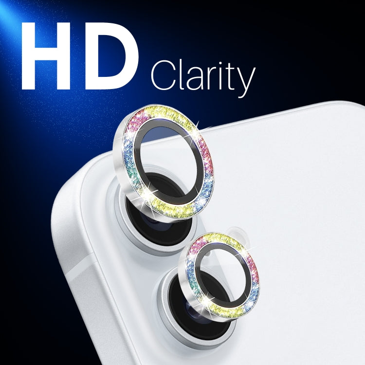 For iPhone 16 / 16 Plus NORTHJO Glitter Camera Lens Protector Tempered Glass Metal Ring Film