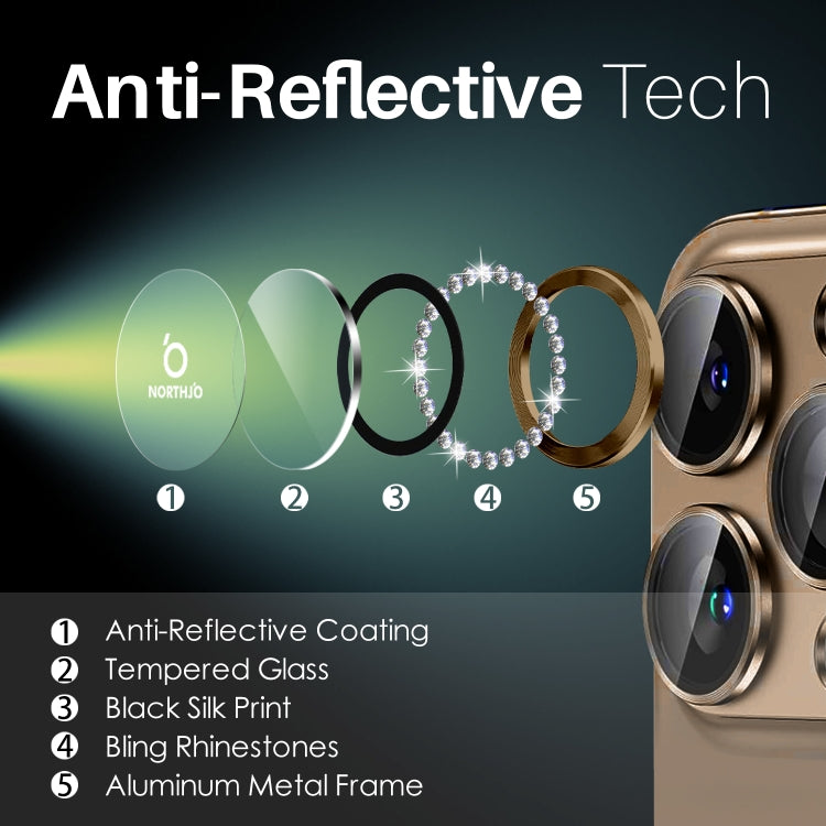 For iPhone 16 Pro / 16 Pro Max NORTHJO Rhinestone Camera Lens Protector Tempered Glass Metal Ring Film