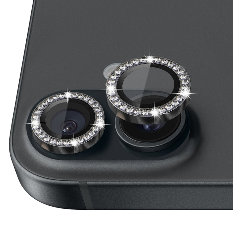 For iPhone 16 / 16 Plus NORTHJO Rhinestone Camera Lens Protector Tempered Glass Metal Ring Film