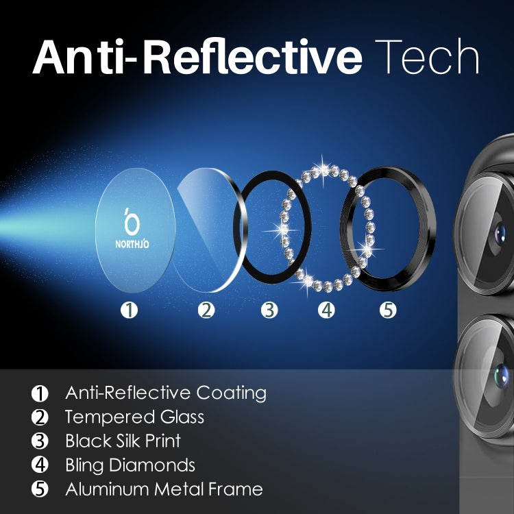 For iPhone 16 / 16 Plus NORTHJO Rhinestone Camera Lens Protector Tempered Glass Metal Ring Film