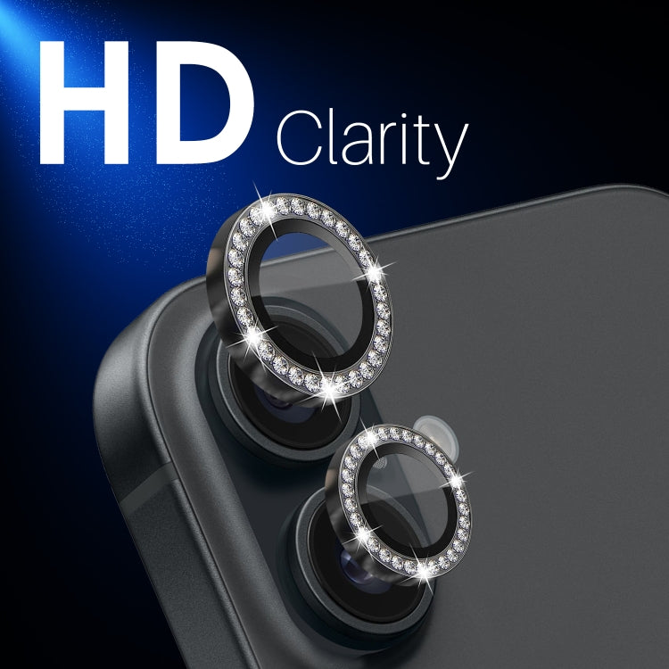 For iPhone 16 / 16 Plus NORTHJO Rhinestone Camera Lens Protector Tempered Glass Metal Ring Film