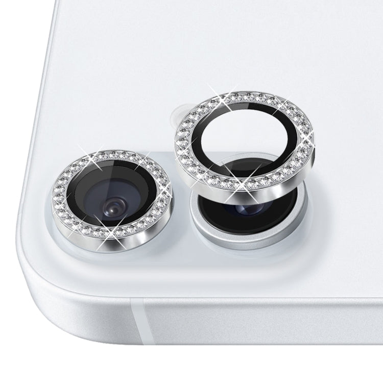For iPhone 16 / 16 Plus NORTHJO Rhinestone Camera Lens Protector Tempered Glass Metal Ring Film