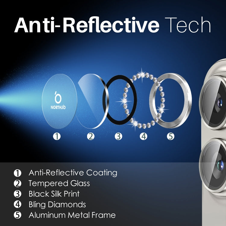 For iPhone 16 / 16 Plus NORTHJO Rhinestone Camera Lens Protector Tempered Glass Metal Ring Film