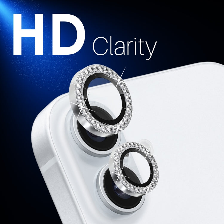 For iPhone 16 / 16 Plus NORTHJO Rhinestone Camera Lens Protector Tempered Glass Metal Ring Film