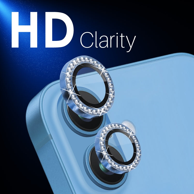 For iPhone 16 / 16 Plus NORTHJO Rhinestone Camera Lens Protector Tempered Glass Metal Ring Film