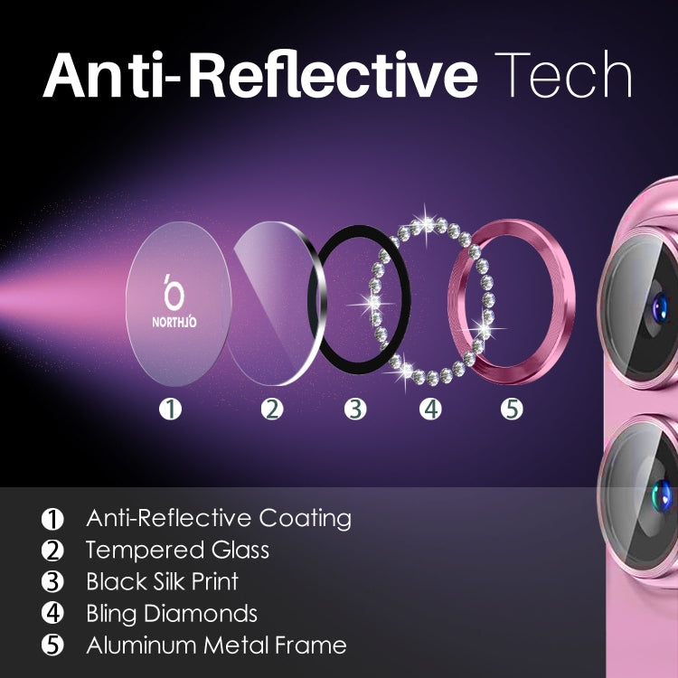 For iPhone 16 / 16 Plus NORTHJO Rhinestone Camera Lens Protector Tempered Glass Metal Ring Film