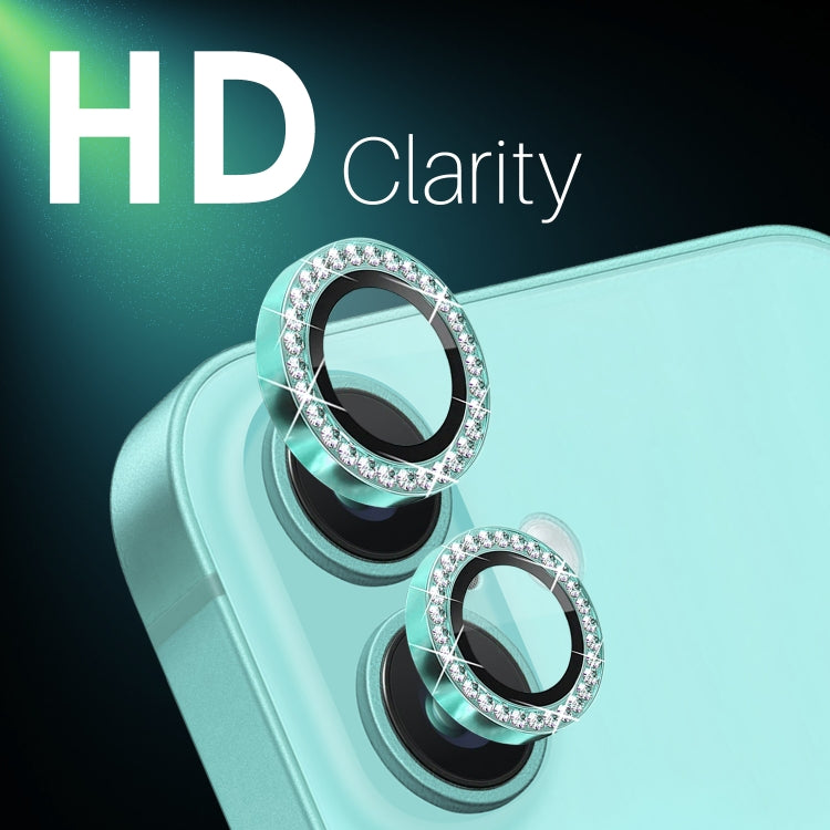 For iPhone 16 / 16 Plus NORTHJO Rhinestone Camera Lens Protector Tempered Glass Metal Ring Film