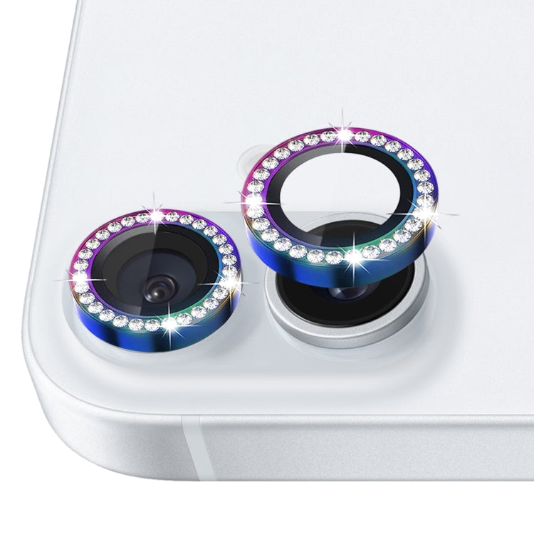 For iPhone 16 / 16 Plus NORTHJO Rhinestone Camera Lens Protector Tempered Glass Metal Ring Film
