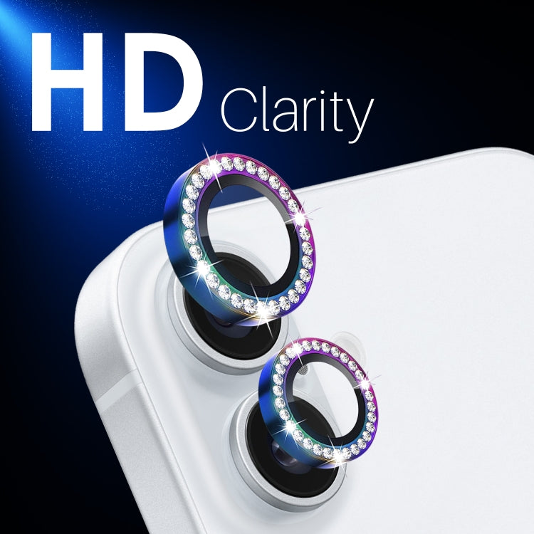 For iPhone 16 / 16 Plus NORTHJO Rhinestone Camera Lens Protector Tempered Glass Metal Ring Film