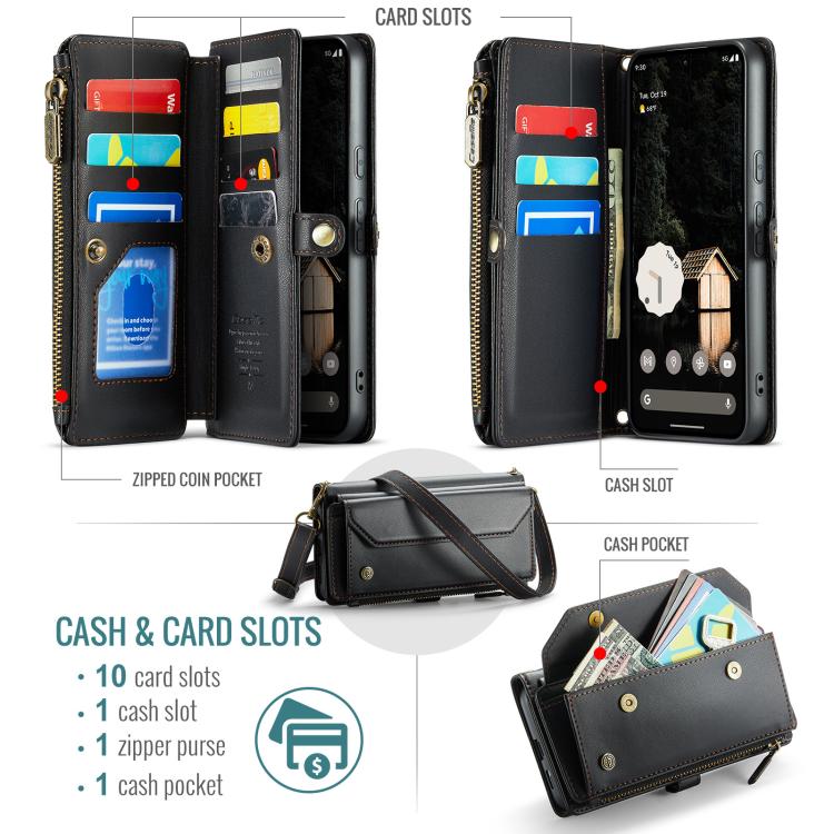 For Google Pixel 9a CaseMe C36 Card Slots Zipper Wallet RFID Anti-theft Leather Phone Case