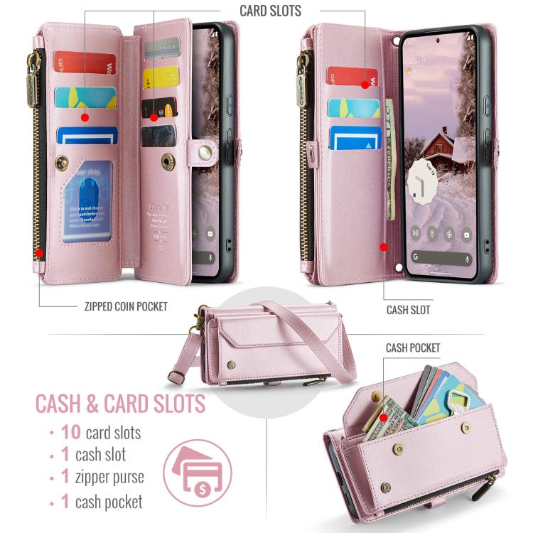 For Google Pixel 9a CaseMe C36 Card Slots Zipper Wallet RFID Anti-theft Leather Phone Case