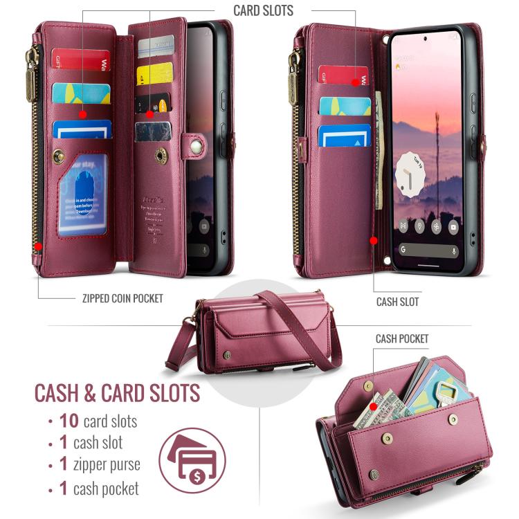 For Google Pixel 9a CaseMe C36 Card Slots Zipper Wallet RFID Anti-theft Leather Phone Case
