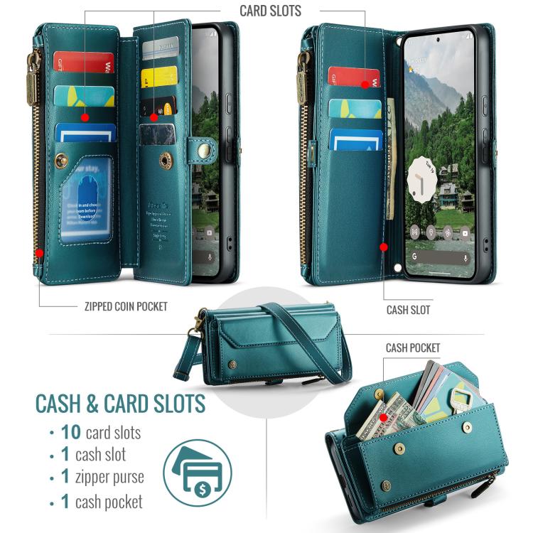 For Google Pixel 9a CaseMe C36 Card Slots Zipper Wallet RFID Anti-theft Leather Phone Case