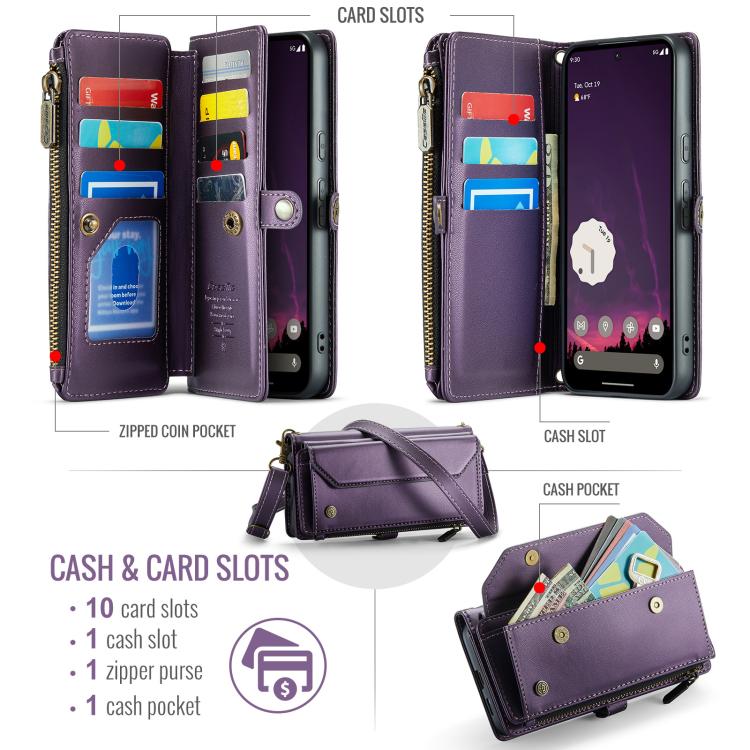 For Google Pixel 9a CaseMe C36 Card Slots Zipper Wallet RFID Anti-theft Leather Phone Case