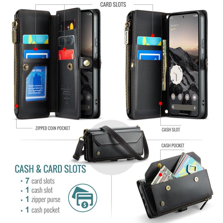 For Google Pixel  10a CaseMe C36 Card Slots Zipper Wallet RFID Anti-theft Leather Phone Case