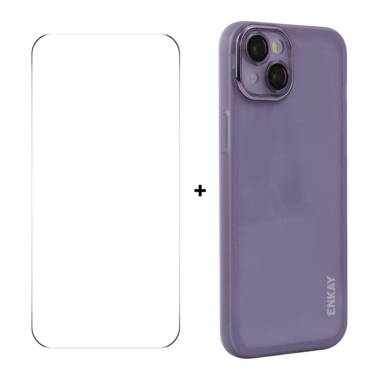 For iPhone 14 Plus ENKAY Hat-Prince Translucent Matte TPU Phone Case with Lens Film + 9H Big Arc Edge Film