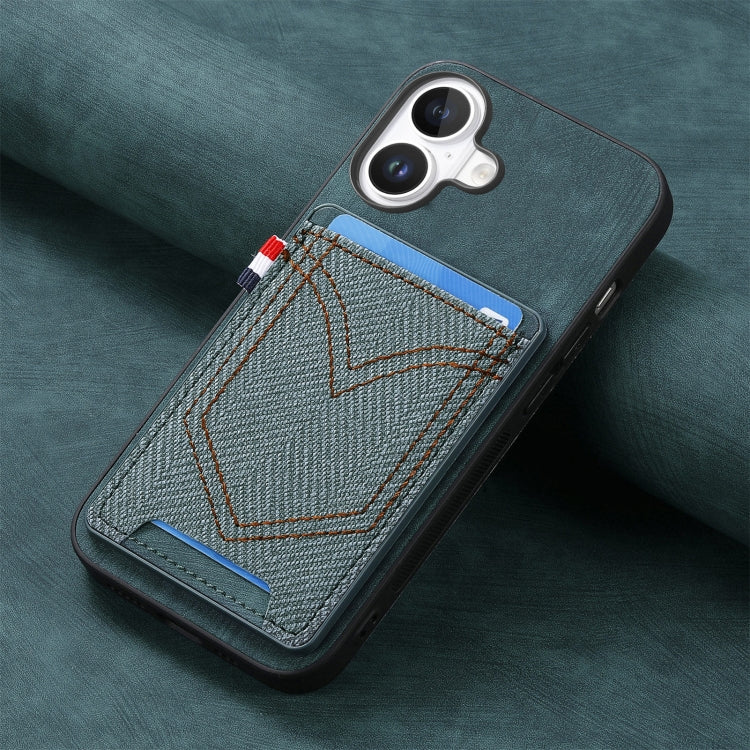 For iPhone 16 Plus Denim Texture Leather Skin Phone Case with Card Slot