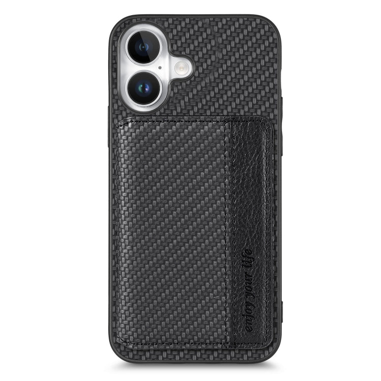 For iPhone 16 Plus Carbon Fiber Magnetic Card Wallet RFID Blocking Phone Case