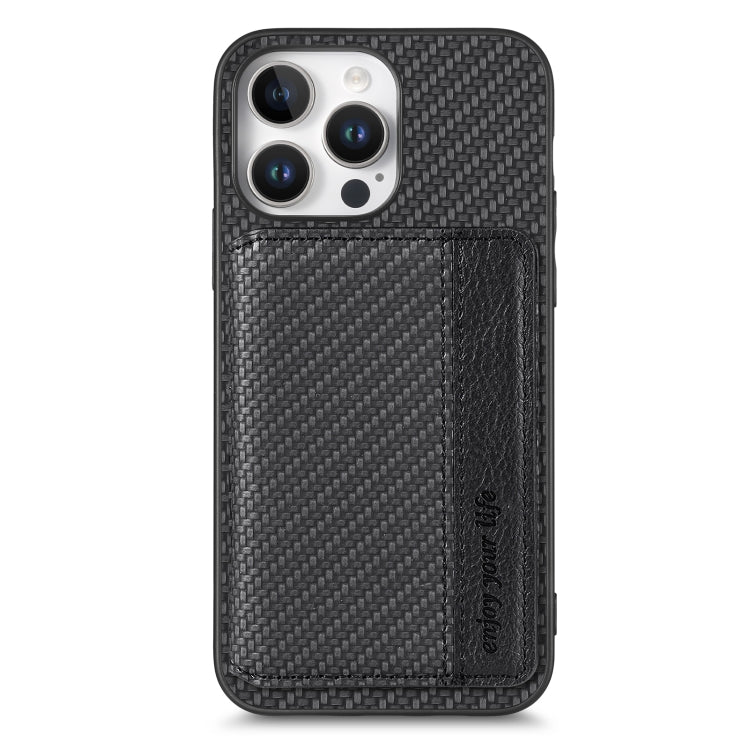 For iPhone 16 Pro Carbon Fiber Magnetic Card Wallet RFID Blocking Phone Case