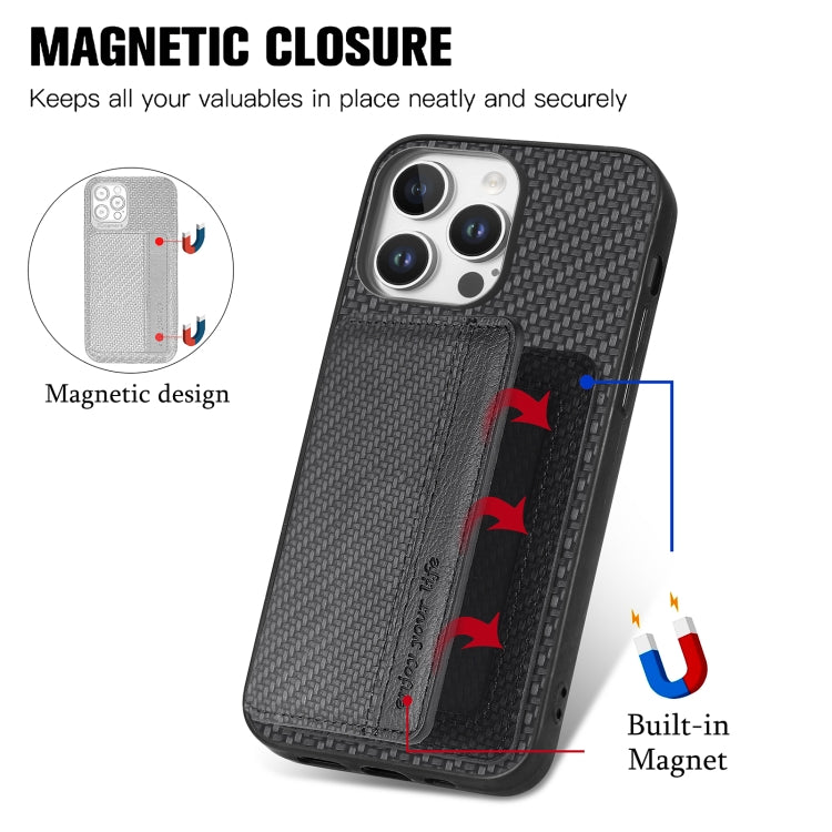 For iPhone 16 Pro Carbon Fiber Magnetic Card Wallet RFID Blocking Phone Case