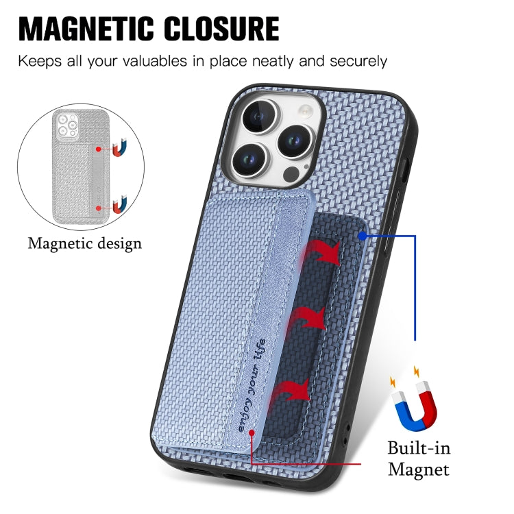 For iPhone 16 Pro Carbon Fiber Magnetic Card Wallet RFID Blocking Phone Case