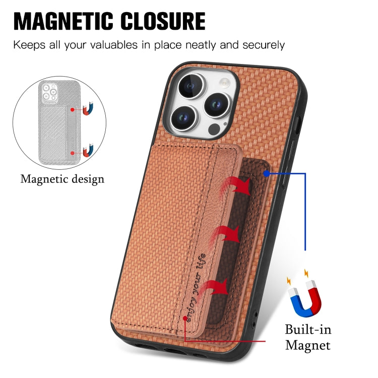 For iPhone 16 Pro Carbon Fiber Magnetic Card Wallet RFID Blocking Phone Case