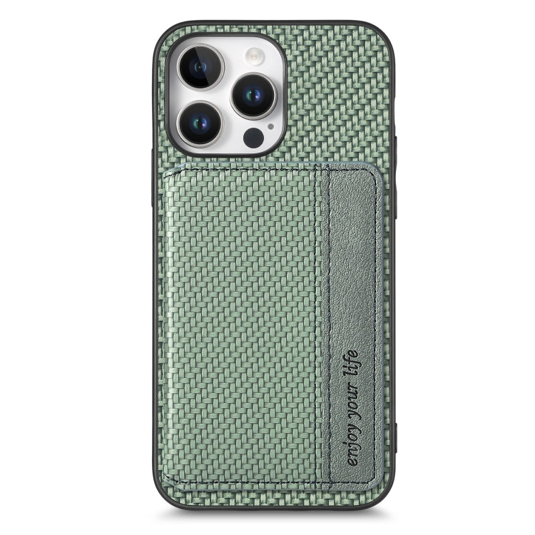 For iPhone 16 Pro Carbon Fiber Magnetic Card Wallet RFID Blocking Phone Case