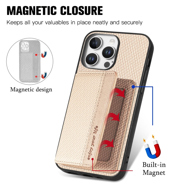 For iPhone 16 Pro Carbon Fiber Magnetic Card Wallet RFID Blocking Phone Case
