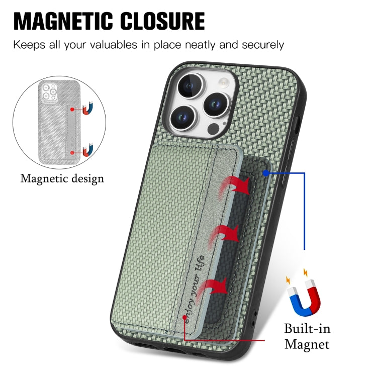 For iPhone 16 Pro Max Carbon Fiber Magnetic Card Wallet RFID Blocking Phone Case