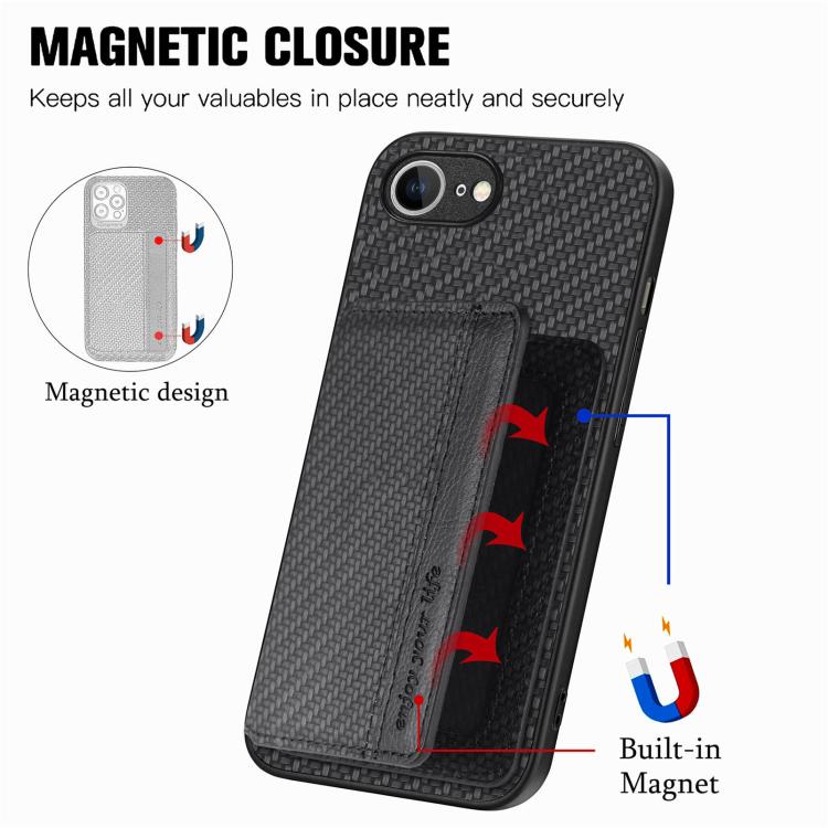 For iPhone 17e / 16e Carbon Fiber Magnetic Card Wallet RFID Blocking Phone Case