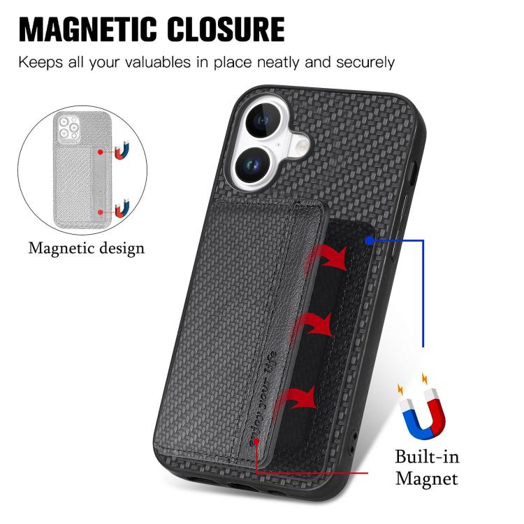For iPhone 17 Carbon Fiber Magnetic Card Wallet RFID Blocking Phone Case