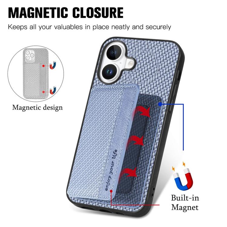 For iPhone 17 Carbon Fiber Magnetic Card Wallet RFID Blocking Phone Case