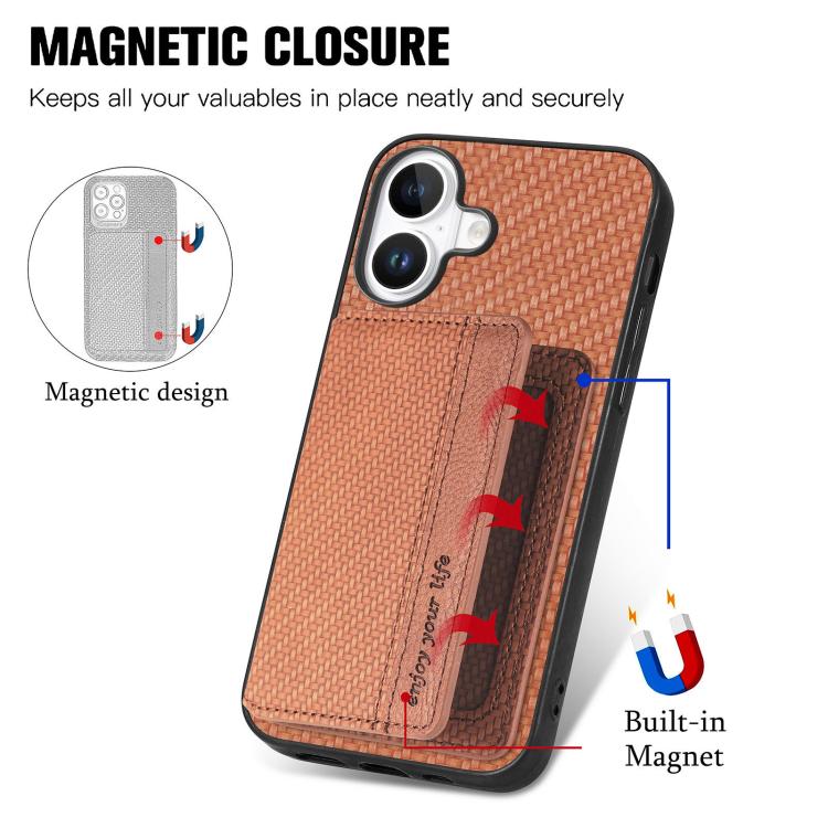 For iPhone 17 Carbon Fiber Magnetic Card Wallet RFID Blocking Phone Case